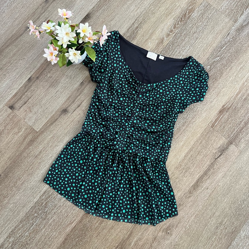 Anthropologie Postage Green & Gray Polka Dot Top Size Small